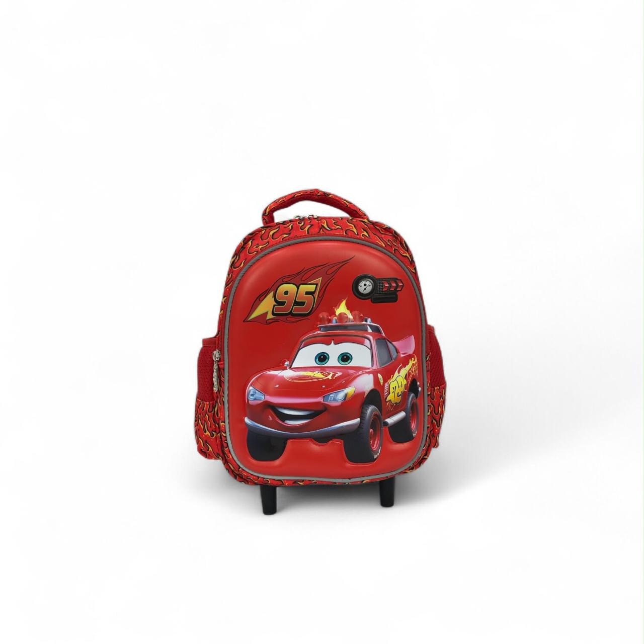 Red Lightning McQueen trolley backpack with character face graphic and side pocket
